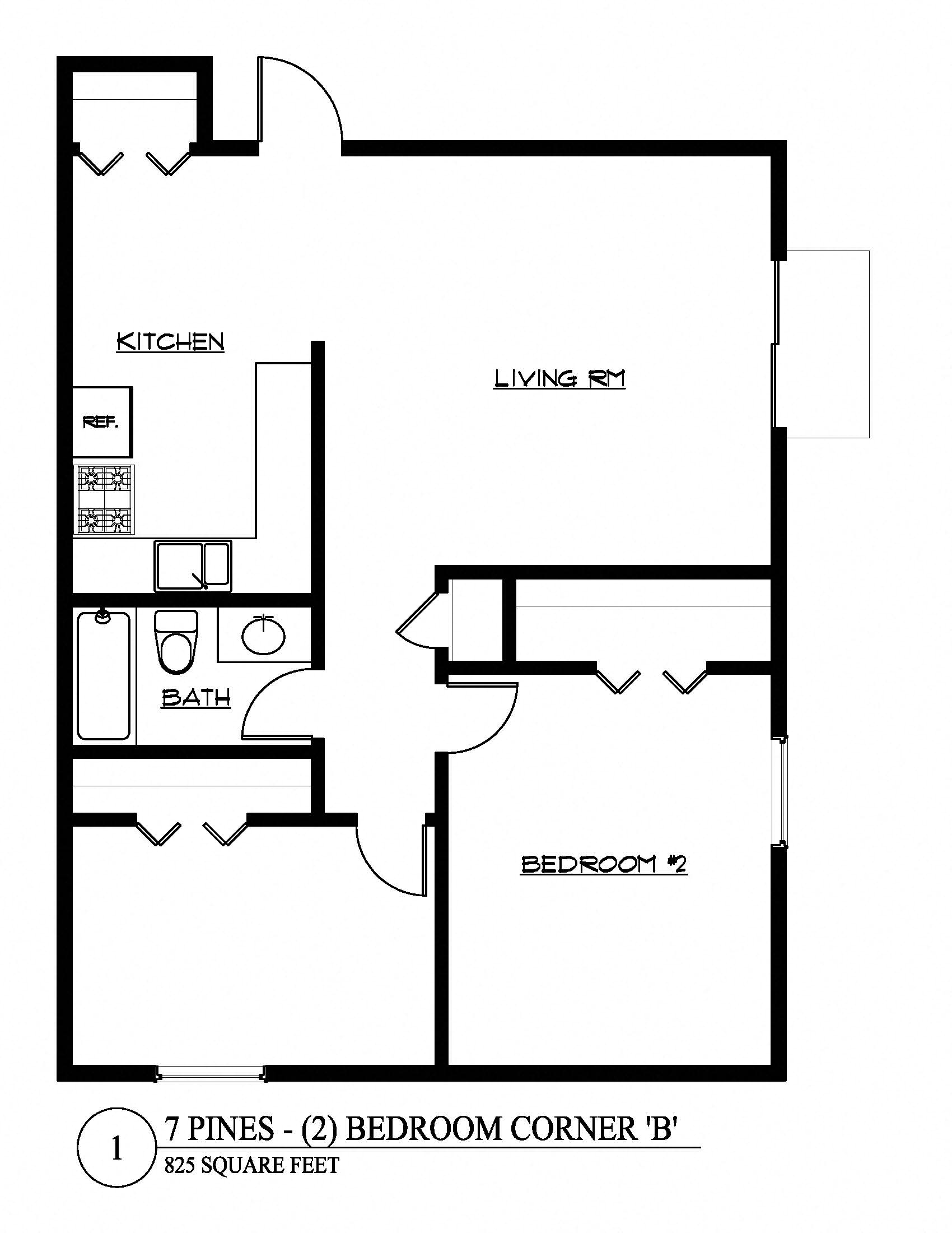 Floor plan for 2 beds, 1 bath, 825 sqft